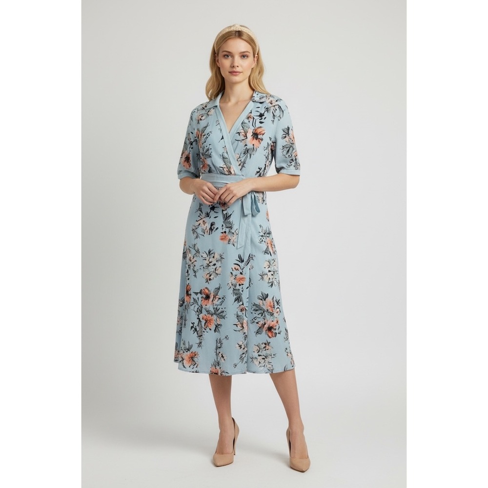 NEW Blue Floral Print Wrap‎ Maxi Dress Short Sleeve Size Large
